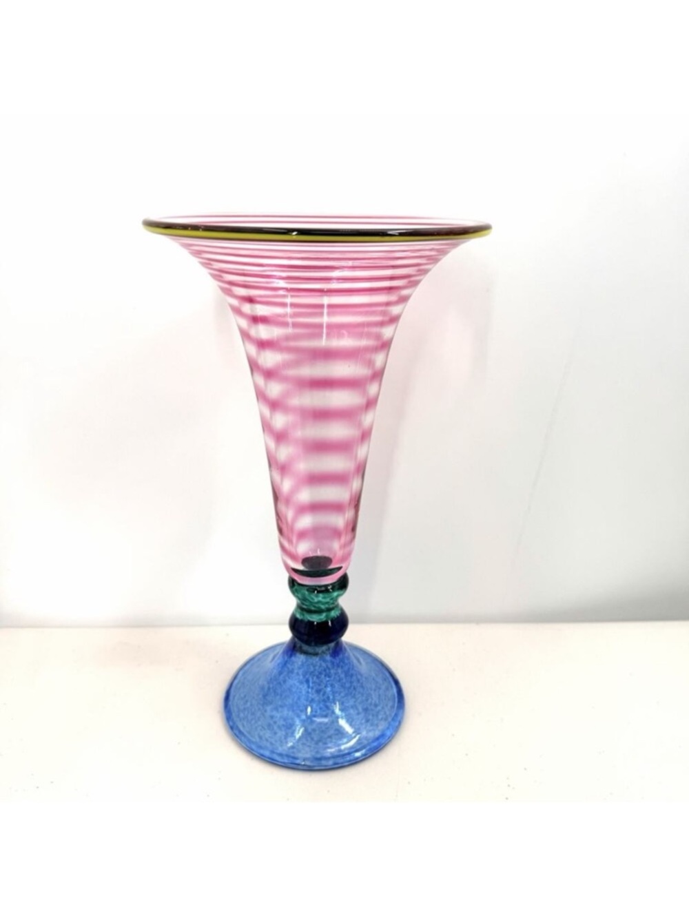 Vintage Colorful Murano Style Studio Art Glass Hand Blown Pedestal Vase 11.25"